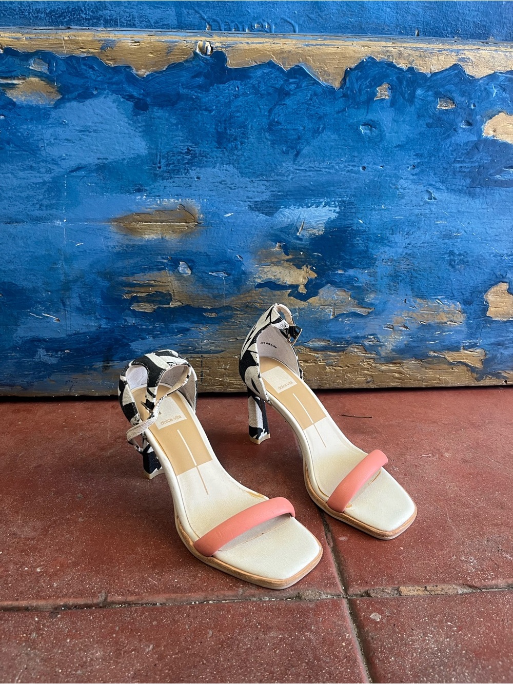 Dolce Vita Coral Front Strap Heels with Black & White Patterned Ankle